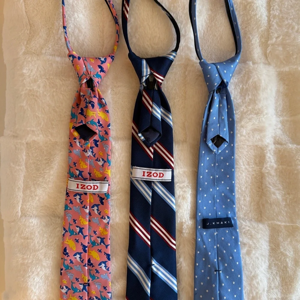 Izod Ties & J.Khaki Boys Zipper Tie Bundle 3 Pack Shark Stripe Polka Dot